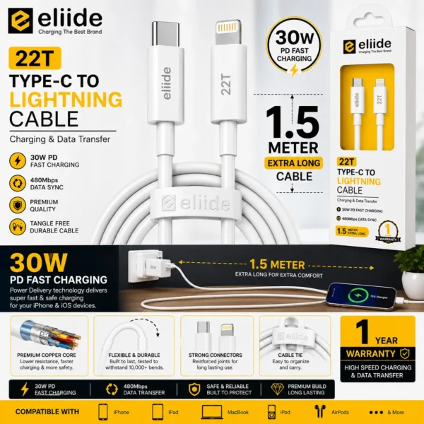 eliide-22t-type-c-to-lightning-1.5-meter-cable-for-ios-devices-1 Eliide 22T 30W Type-C to Lightning Cable 1.5M Long